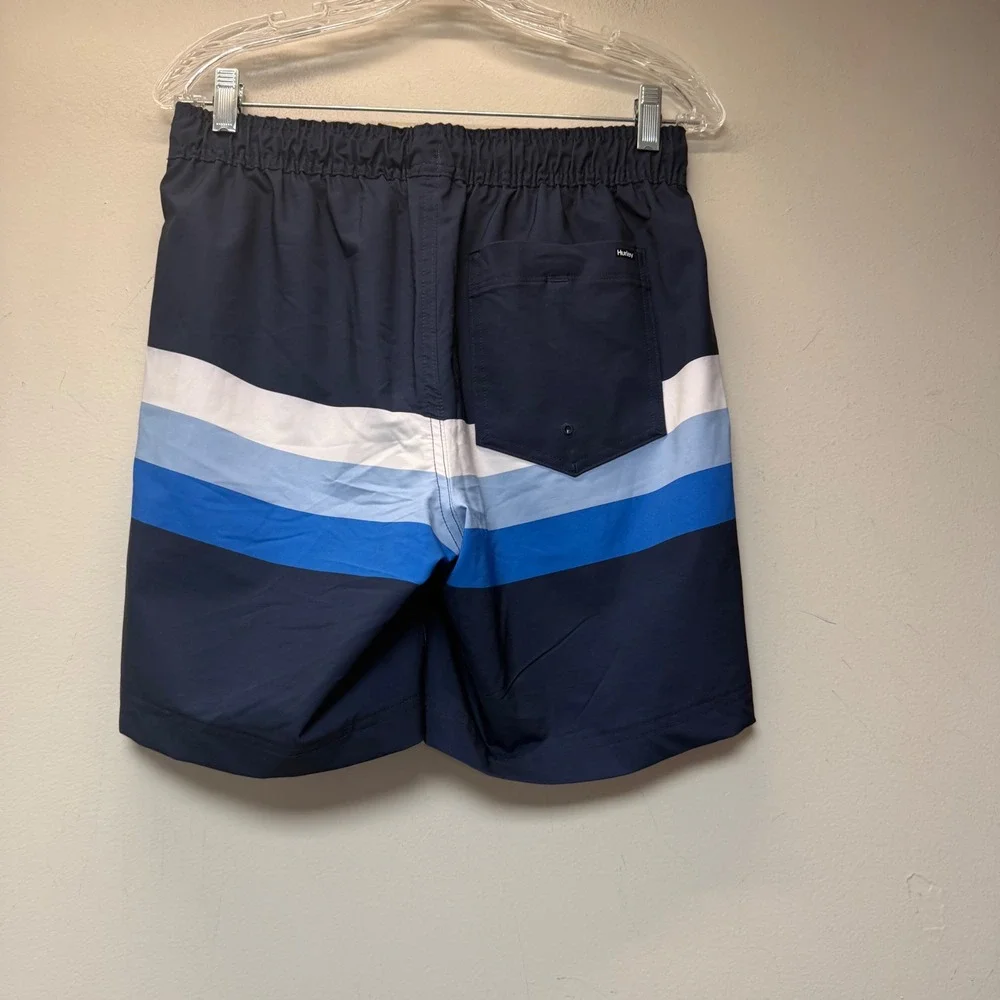 Hurley Board Shorts Mens Small Blue White Striped Excellent Stretch Swim Trunks